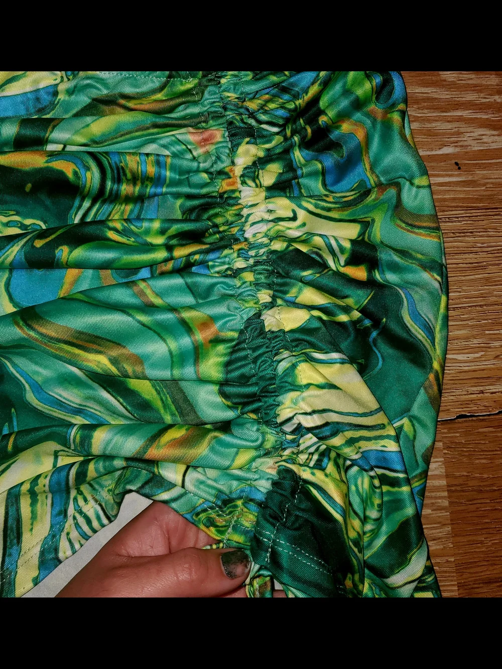 One-Shoulder Green & Yellow Marble Print Crop Top & Ruched Skirt Set